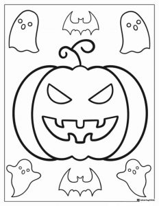 Scary Pumpkin Face Coloring Page with Ghosts and Bats