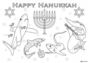 Shark Hanukkah Coloring Page with Menorah and Star Decorations