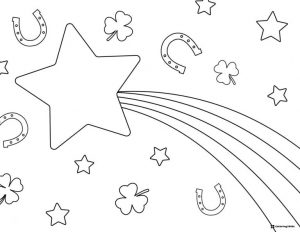 Shooting Star Coloring Page with Shamrocks and Horseshoes