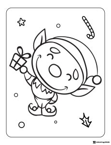 Sideways Christmas Elf Coloring Page with Gift and Candy Cane