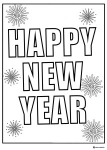 Simple Happy New Year Coloring Page with Fireworks