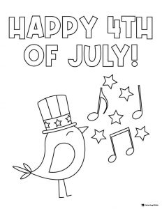 Singing Bird Coloring Page with Patriotic Hat and Music Notes