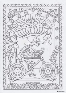 Skeleton Biker Coloring Page with Large Hat and Fruit Basket
