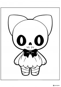 Skeleton Cat Coloring Page with Bow and Round Eyes