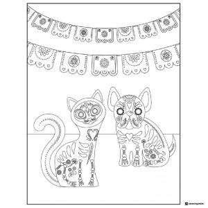 Skeleton Cat and Dog Coloring Page with Papel Picado Banners