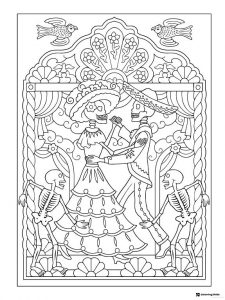 Skeleton Couple Dancing Coloring Page with Festive Frame
