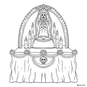 Skeleton Shrine Coloring Page with Candles and Heart Symbols