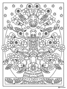 Skeleton Tree Coloring Page with Skulls Flowers and Stars