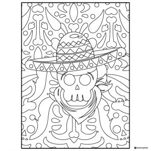 Skeleton in Sombrero Coloring Page with Patterned Background
