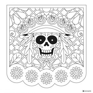 Skull Papel Picado Coloring Page with Hearts and Flowers