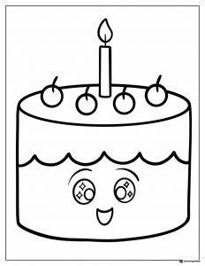 Smiling Birthday Cake Coloring Page with Candle and Cherries
