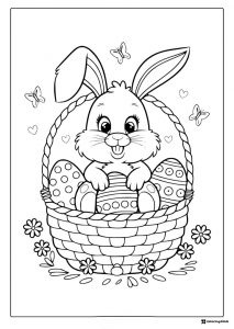 Smiling Bunny in Basket Coloring Page with Patterned Eggs