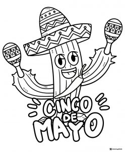 Smiling Cactus Cinco de Mayo Coloring Page with Maracas