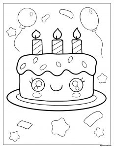 Smiling Cake Coloring Page with Balloons and Candles