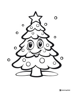 Smiling Christmas Tree Coloring Page with Falling Snow