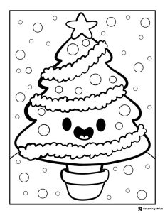 Smiling Christmas Tree Coloring Page with Snowy Background
