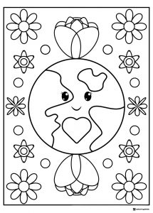 Smiling Earth Character Coloring Page with Decorative Flowers