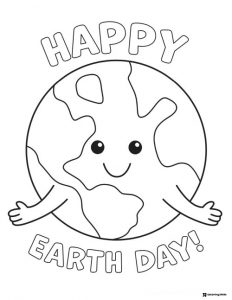 Smiling Earth Character Coloring Page with Happy Earth Day Text