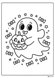 Smiling Ghost Coloring Page Holding Jack o Lantern and Candy