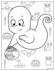 Smiling Ghost Coloring Page with Trick or Treat Pail and Icons