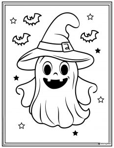 Smiling Ghost Coloring Page with Witch Hat and Flying Bats