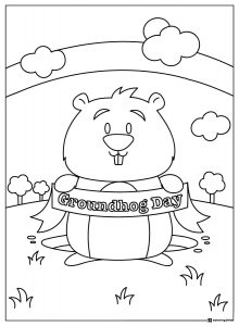 Smiling Groundhog Coloring Page Holding a Holiday Banner