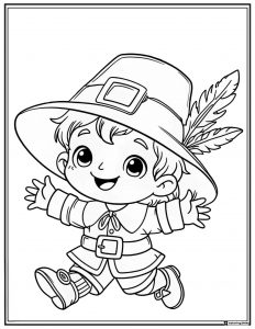 Smiling Pilgrim Boy Coloring Sheet with Feathered Hat