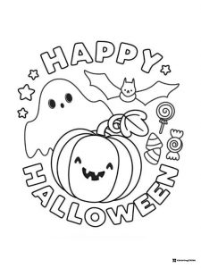 Smiling Pumpkin and Ghost Halloween Coloring Page