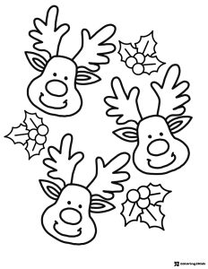 Smiling Reindeer Faces Coloring Page with Holly Sprigs