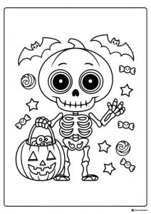 Smiling Skeleton Coloring Page with Pumpkin and Candy
