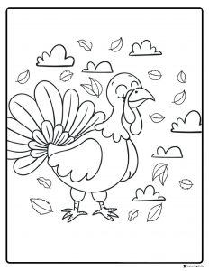 Smiling Turkey Coloring Page with Clouds and Falling Leaves