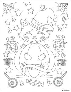Smiling Witch Cat Coloring Sheet with Giant Pumpkin and Stars
