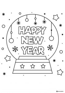 Snow Globe Happy New Year Coloring Page with Stars and Ornaments