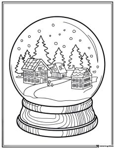 Snow Globe Village Coloring Page with Houses Trees and Falling Snow