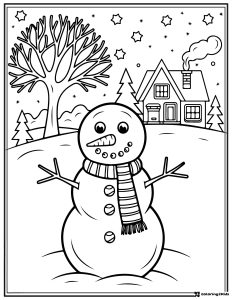 Snowman Coloring Page with Scarf and Winter Cabin Background