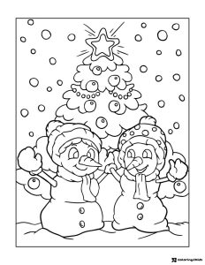 Snowman Pair Coloring Page with Decorated Tree and Snowfall