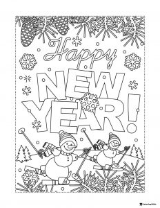Snowman Skiing Coloring Sheet with Snowflakes and Pinecones