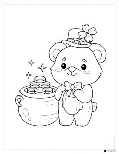 St. Patricks Day Bear Coloring Page with Pot of Gold