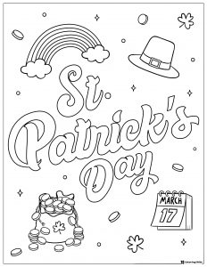 St. Patricks Day Coloring Page with Rainbow Hat and Gold Bag