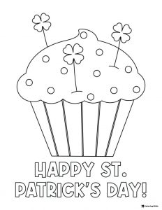 St. Patricks Day Cupcake Coloring Page with Shamrock Toppers