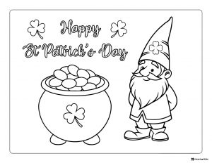 St. Patricks Day Gnome Coloring Page with Pot of Gold