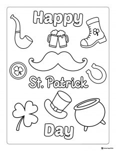 St. Patricks Day Icons Coloring Sheet with Text and Symbols