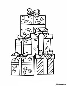 Stacked Gift Boxes Coloring Page with Ribbons and Patterns