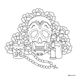 Sugar Skull Coloring Page with Candles and Marigold Flowers