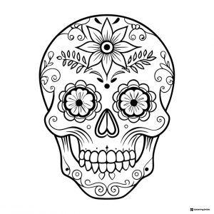 Sugar Skull Coloring Page with Floral Eyes and Leaf Designs