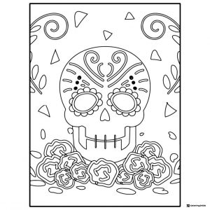 Sugar Skull Coloring Page with Flowers and Falling Petals