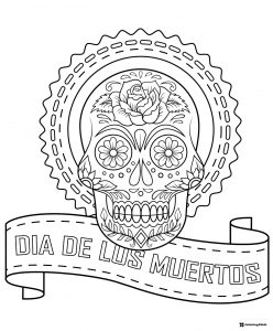 Sugar Skull Coloring Page with Rose and Dia de los Muertos Banner