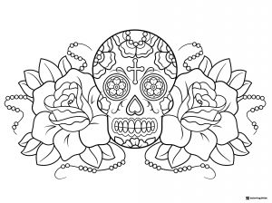 Sugar Skull Coloring Page with Roses and Rosary Beads
