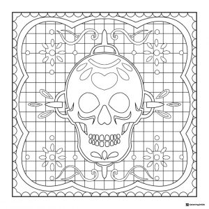 Sugar Skull Coloring Sheet with Crossed Arrows and Grid