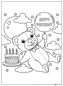 Teddy Bear Birthday Coloring Page with Cake and Stars